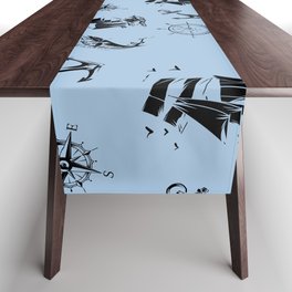 Pale Blue And Black Silhouettes Of Vintage Nautical Pattern Table Runner