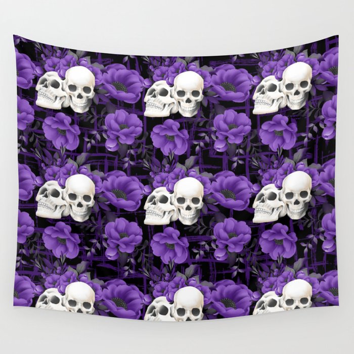 Purple Floral Skull Pattern Wall Tapestry