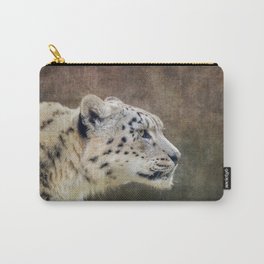 Watchful and alert adult snow leopard side profile with space for text. Textured, retro style processing. Carry-All Pouch