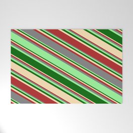[ Thumbnail: Eyecatching Grey, Green, Dark Green, Beige, and Red Colored Lines Pattern Welcome Mat ]