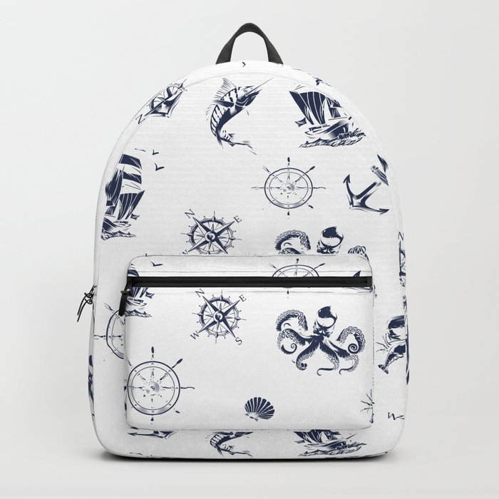 Navy Blue Silhouettes Of Vintage Nautical Pattern Backpack