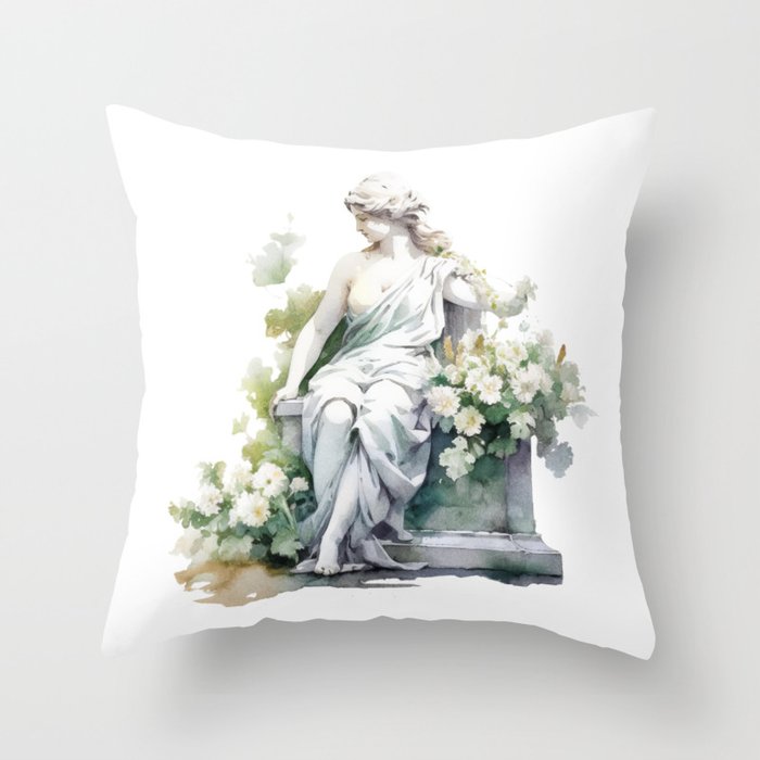Female Goddess Statue in Garden with White Flowers Watercolor Throw Pillow