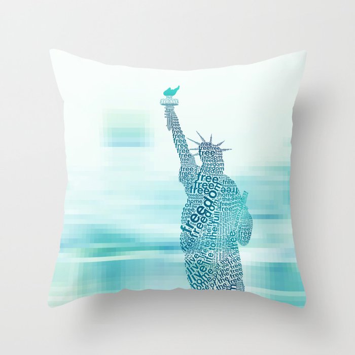 Typographic Statue of Liberty - Aqua Blue Throw Pillow