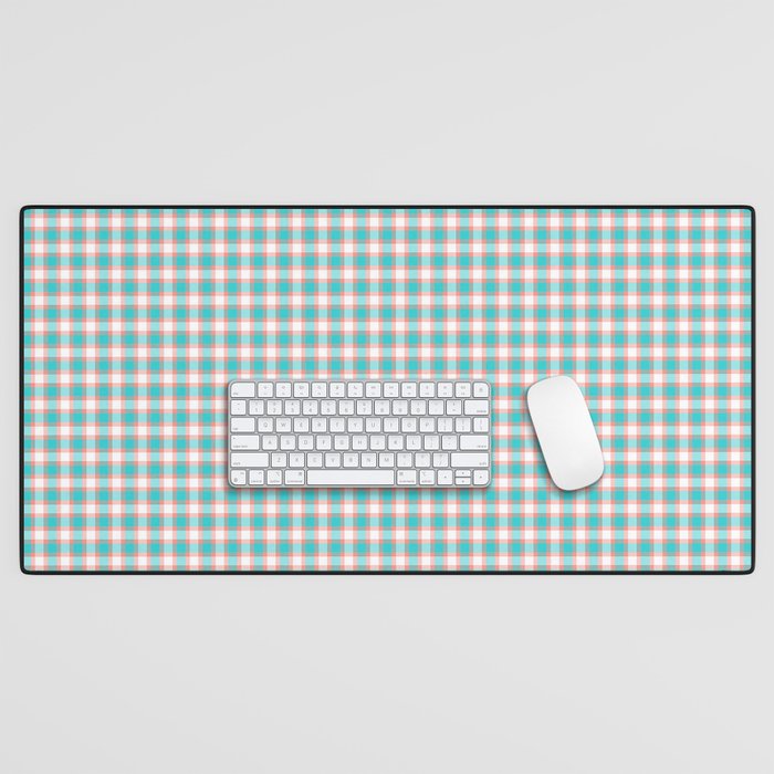 Modern Deep Sky Blue And Coral Red Buffalo Plaid Desk Mat