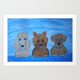 Puppy Pals Art Print | Puppiesturquoisebackground, Puppiescushions, Cutedogsproducts, Puppiescardsgifts, Cutedogsart, Cutedogspainting, Threecutepups, Painting, Puppypalsart, Acrylic 