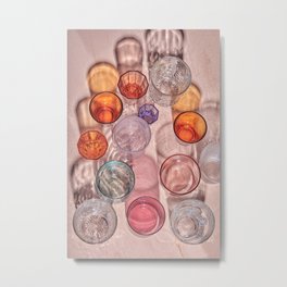 Colourful glasses on a handpainted table with long shadows Metal Print