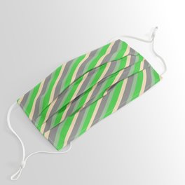[ Thumbnail: Dark Sea Green, Lime Green, Tan, and Grey Colored Stripes/Lines Pattern Face Mask ]