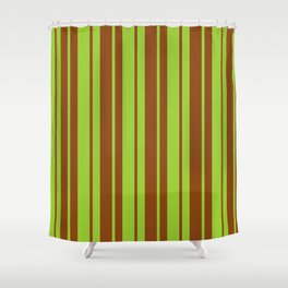 [ Thumbnail: Brown & Green Colored Striped/Lined Pattern Shower Curtain ]