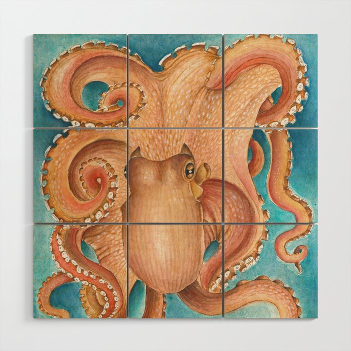 Orange Red Octopus Kraken Tentacles Teal Watercolor Wood Wall Art