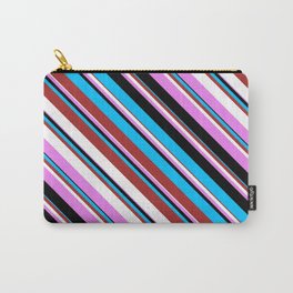 [ Thumbnail: Deep Sky Blue, Brown, White, Violet, and Black Colored Striped/Lined Pattern Carry-All Pouch ]