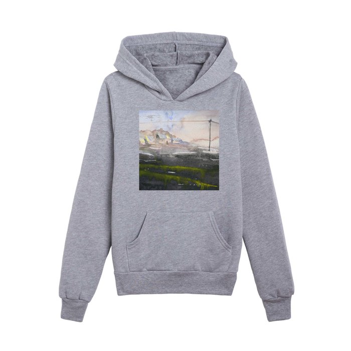 Mist covered landscape painting with buildings.  Landscape watercolor painting fine art land Kids Pullover Hoodie