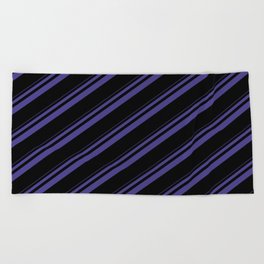 [ Thumbnail: Dark Slate Blue and Black Colored Striped Pattern Beach Towel ]