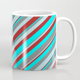 [ Thumbnail: Gray, Powder Blue, Red & Cyan Colored Stripes Pattern Coffee Mug ]