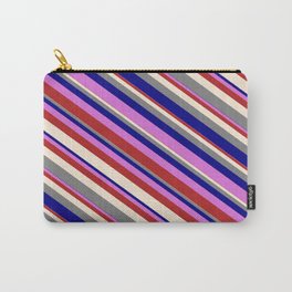 [ Thumbnail: Vibrant Orchid, Red, Beige, Grey, and Blue Colored Lines/Stripes Pattern Carry-All Pouch ]