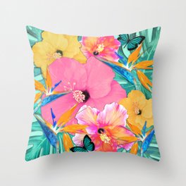 Aloha Birds of Paradise Hibiscus Throw Pillow