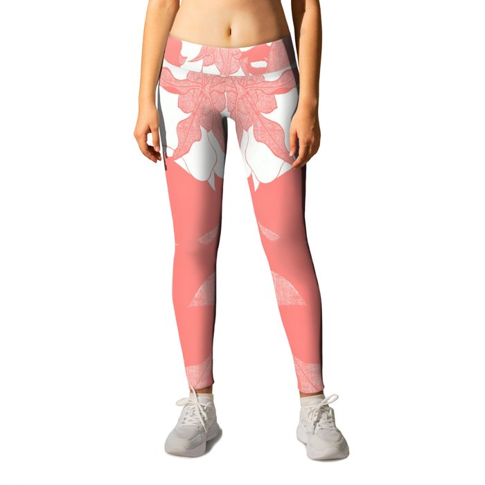 Peonies & Canary by Hokusai : Living Coral japanese Flowers Leggings