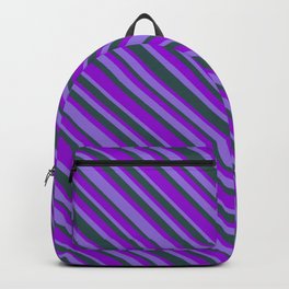 [ Thumbnail: Purple, Dark Slate Gray, and Dark Violet Colored Lines Pattern Backpack ]
