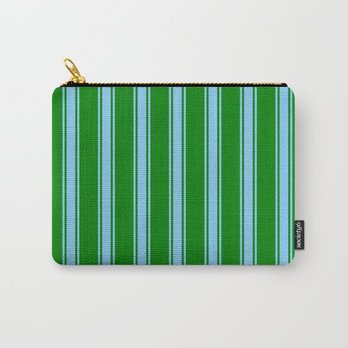 Green and Light Sky Blue Colored Striped Pattern Carry-All Pouch