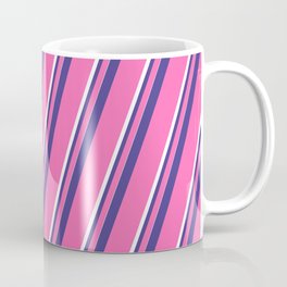[ Thumbnail: Dark Slate Blue, Hot Pink & White Colored Pattern of Stripes Coffee Mug ]