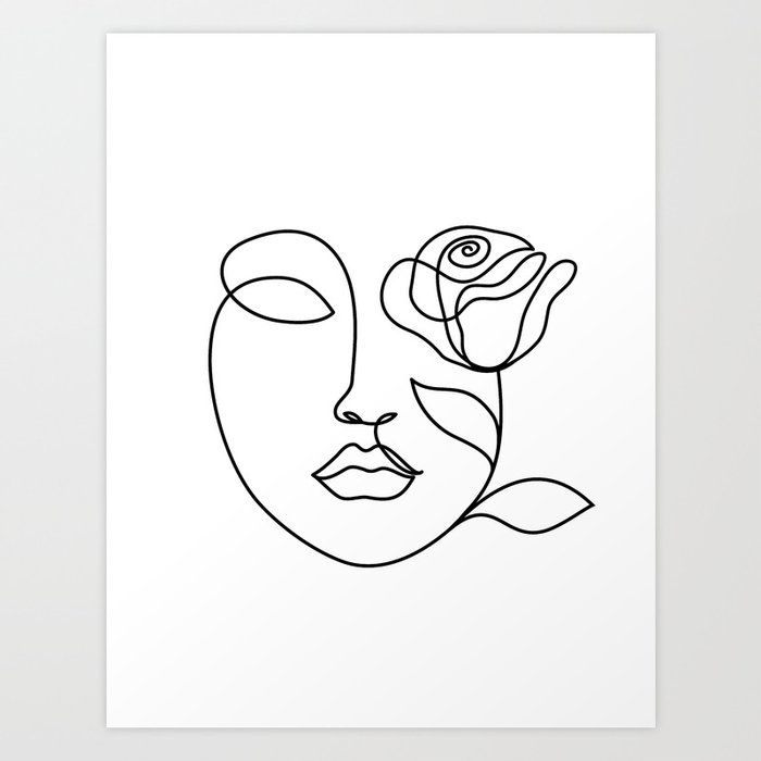 Beauty Woman Face With Rose Abstract Minimal Fine Art One Line