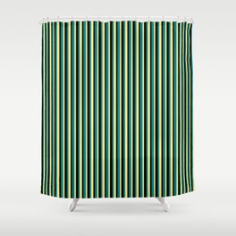 [ Thumbnail: Teal, Tan, and Black Colored Pattern of Stripes Shower Curtain ]
