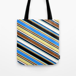 [ Thumbnail: Eyecatching Blue, Tan, Brown, White, and Black Colored Lined/Striped Pattern Tote Bag ]