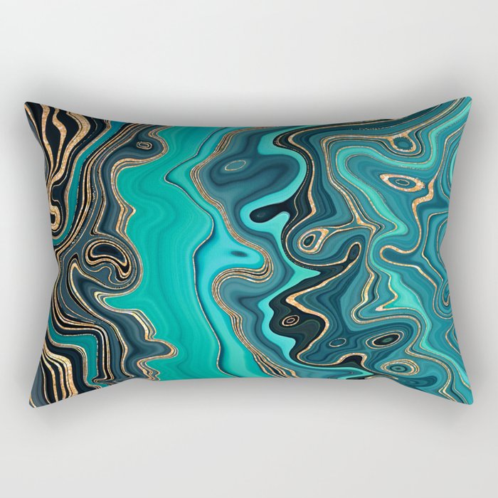 Peacock Teal + Hypnotic Gold Stylized Fluid Painting Rectangular Pillow