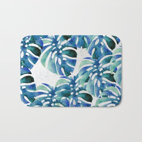 Monstera Pattern Green And Blue Bath Mat