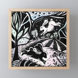 Rabbits in a field with flowers. Graphic abstract black and white landscape Framed Mini Art Print