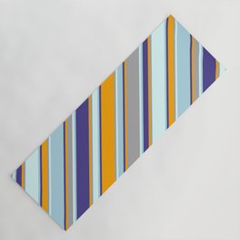 [ Thumbnail: Eyecatching Dark Slate Blue, Orange, Dark Gray, Light Cyan, and Light Blue Colored Stripes Pattern Yoga Mat ]