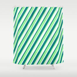 [ Thumbnail: Mint Cream, Teal, and Green Colored Lines Pattern Shower Curtain ]