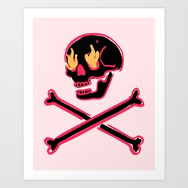 Black Skull Fire Eyes Skeleton Vaporwave with crossed Bones Art Print