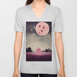 Little Pink Ghost under Pink Moon V Neck T Shirt