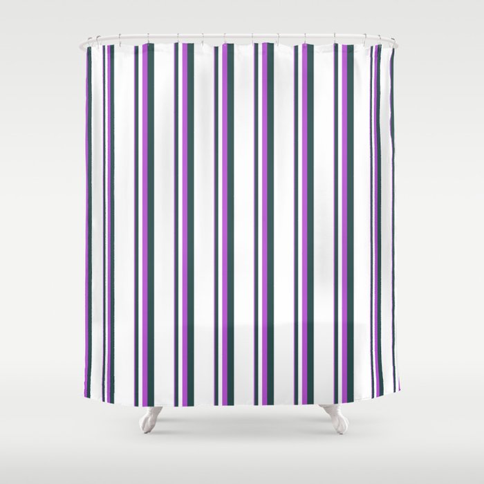Orchid, Dark Slate Gray & White Colored Stripes/Lines Pattern Shower Curtain