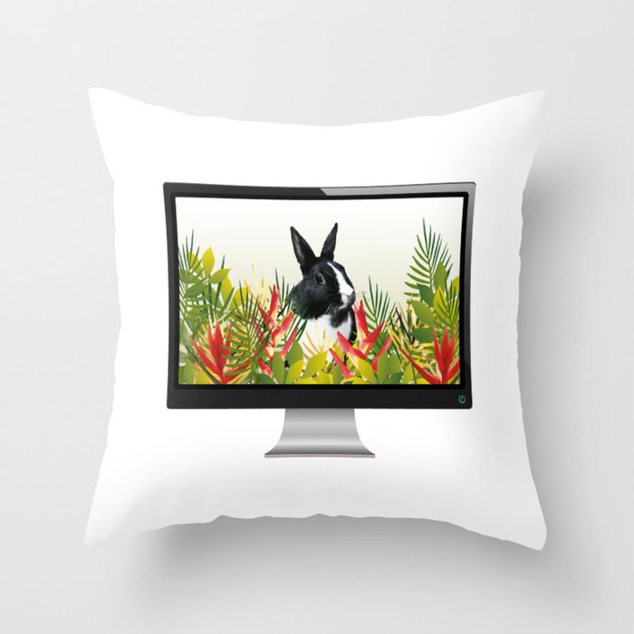 Computer - black & white Bunny Leaves Heliconia Flowers Throw Pillow