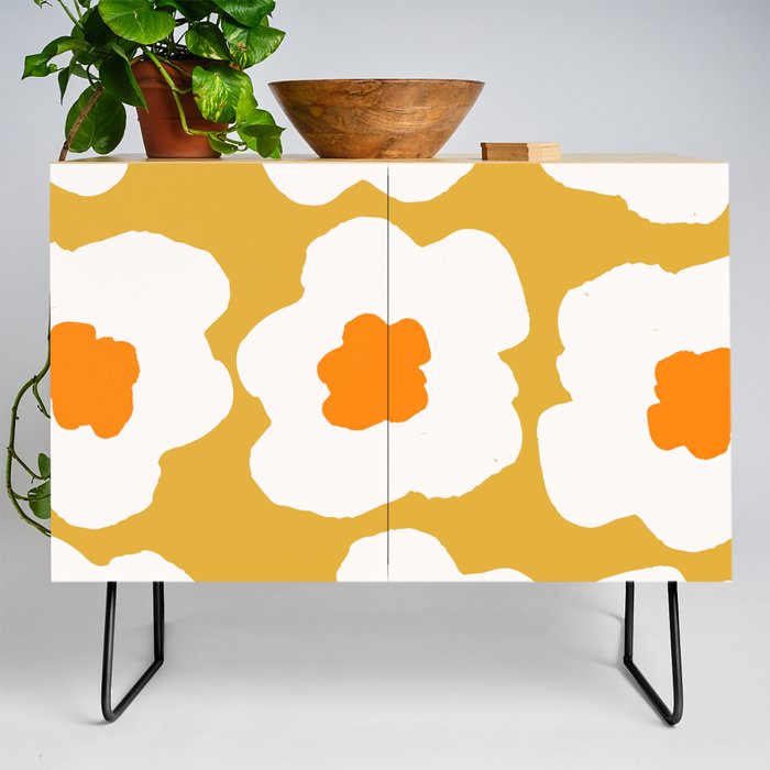 Large Pop-Art Retro Flowers in White on Mustard Yellow Background  Credenza