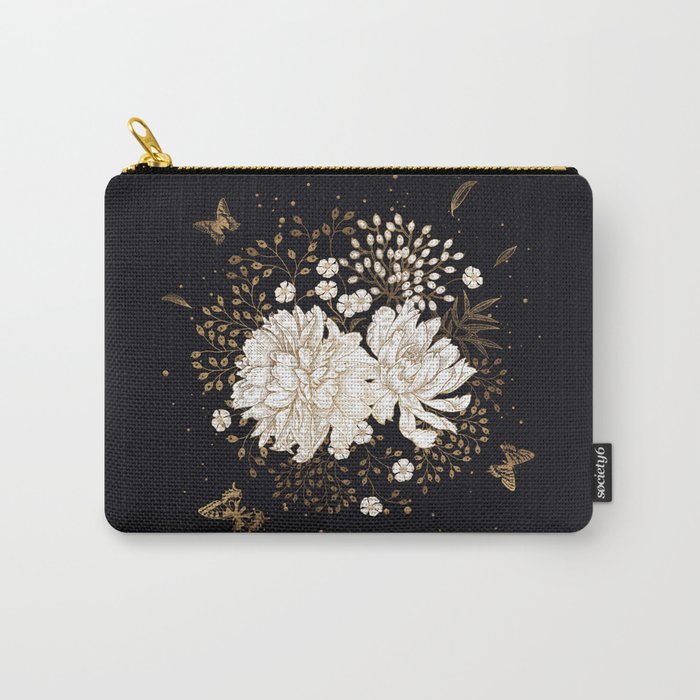 Hand drawn vintage bouquet flower on dark background illustration Carry-All Pouch