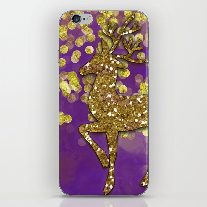 Purple Christmas faux golden glitter deer iPhone Skin