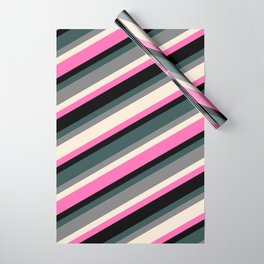 [ Thumbnail: Eye-catching Dark Slate Gray, Grey, Beige, Hot Pink, and Black Colored Lined/Striped Pattern Wrapping Paper ]