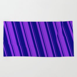 [ Thumbnail: Blue & Purple Colored Pattern of Stripes Beach Towel ]