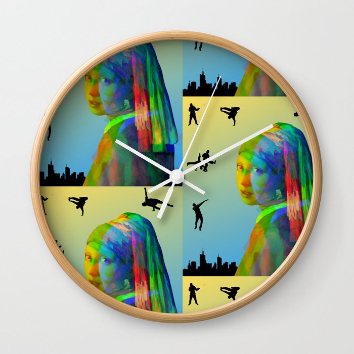 Vermeer's Model in New York City - Yellow and Blue Background Wall Clock