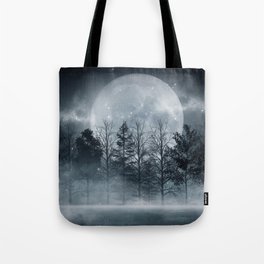 Dark forest. Gloomy dark scene with trees, big moon, moonlight. Smoke, shadow. Abstract dark, cold street background. Night view.  Tote Bag