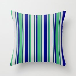 [ Thumbnail: Blue, Sea Green, and Light Grey Colored Lines/Stripes Pattern Throw Pillow ]
