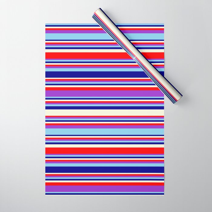 Eye-catching Beige, Red, Dark Orchid, Sky Blue, and Dark Blue Colored Stripes/Lines Pattern Wrapping Paper