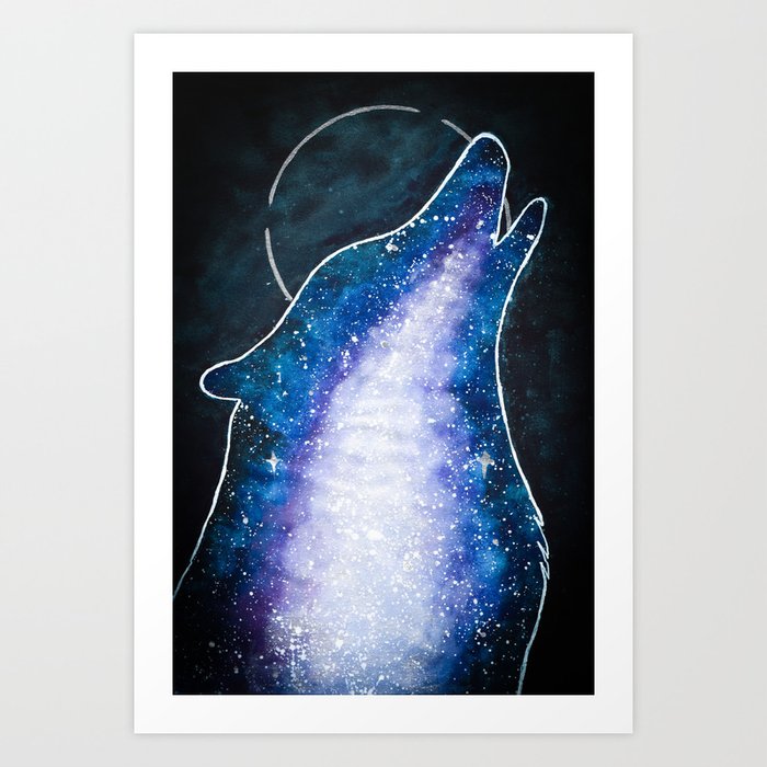 Watercolor Galaxy Full Moon Howling Wolf Art Print By Artbydd Society6