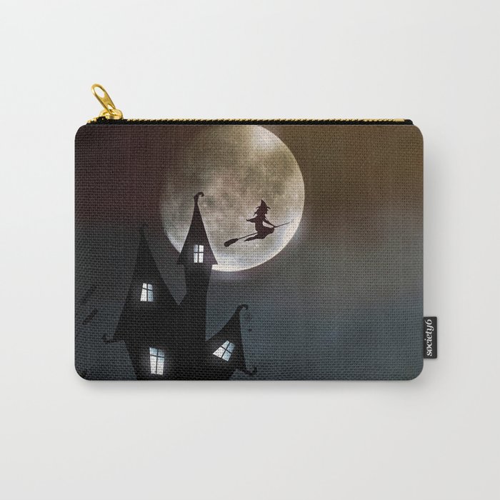 Drawing of a witch leaving her house on a broom in front of a full moon Carry-All Pouch