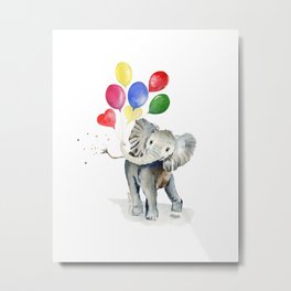 Happy Baby Elephant  Metal Print | Watercolor, Painting, Baby, Party, Happy, Balloon, Nursery, Whimsical, Cute, Animal 