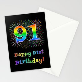 [ Thumbnail: 91st Birthday - Fun Rainbow Spectrum Gradient Pattern Text, Bursting Fireworks Inspired Background Stationery Cards ]