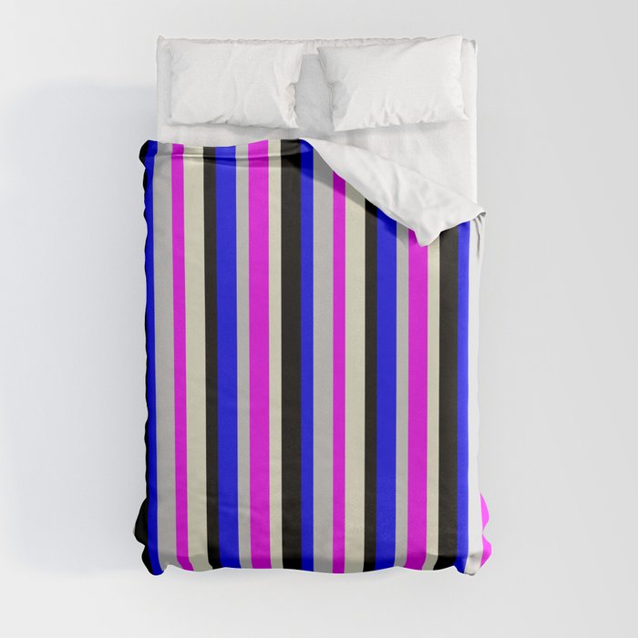 Colorful Light Grey, Blue, Black, Beige, and Fuchsia Colored Stripes Pattern Duvet Cover