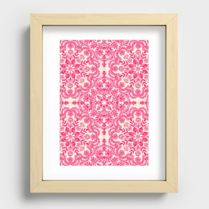 Hot Pink & Soft Cream Folk Art Pattern Recessed Framed Print